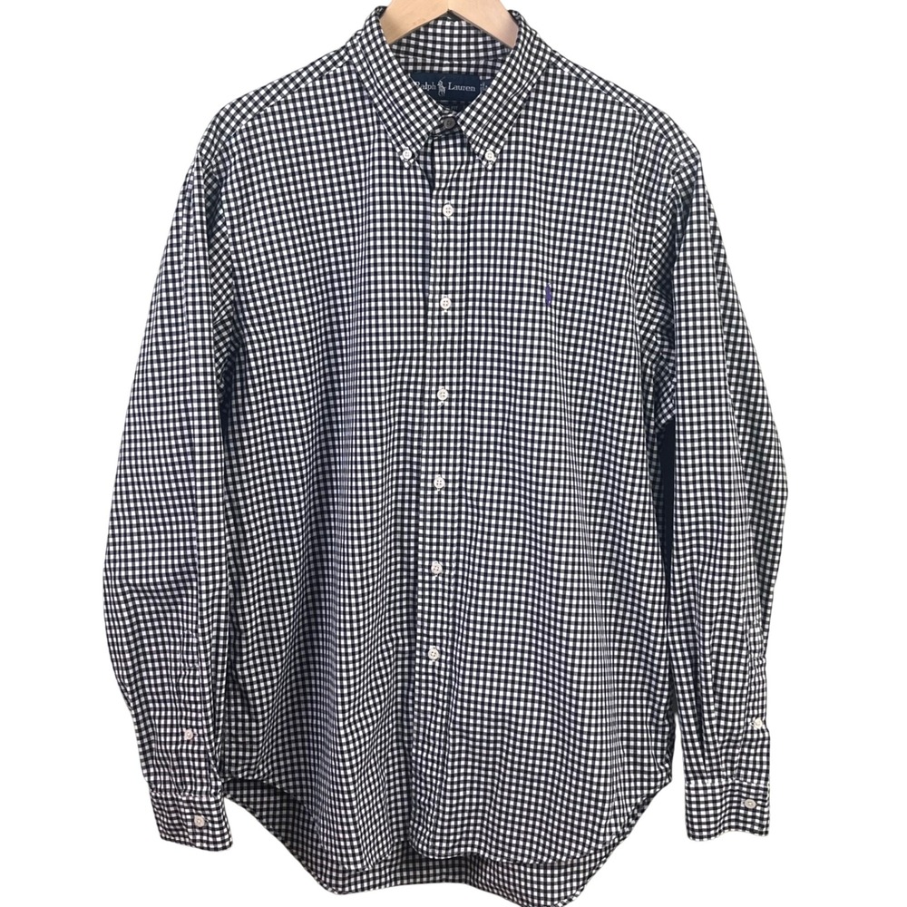 Ralph Lauren Classic Fit Black‎ White Check Long Sleeve Shirt Purple Pony Large